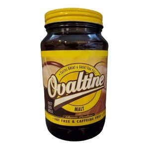 VTG Ovaltine Amber Jar With Lid And Label Yellow Malt 12oz Empty